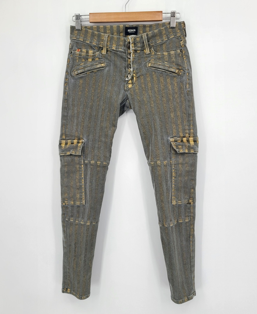 Hudson Nomad Cargo Jeans Gold Stripe Wax Button Fly Y2K Edgy Streetwear Size 27